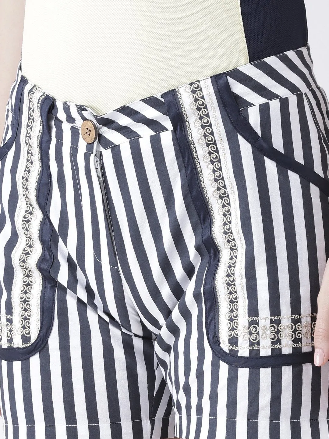 Women Navy Blue Striped regular Fit Shorts